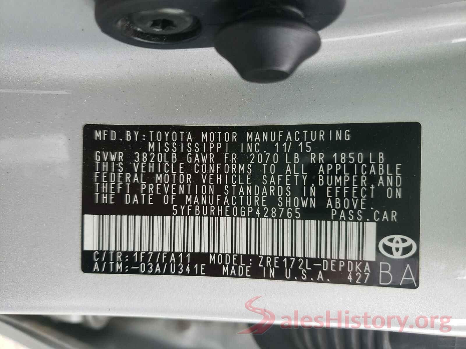 5YFBURHE0GP428765 2016 TOYOTA COROLLA