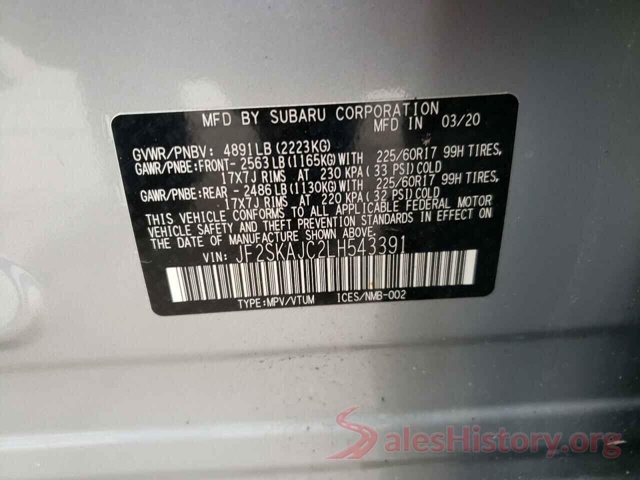 JF2SKAJC2LH543391 2020 SUBARU FORESTER