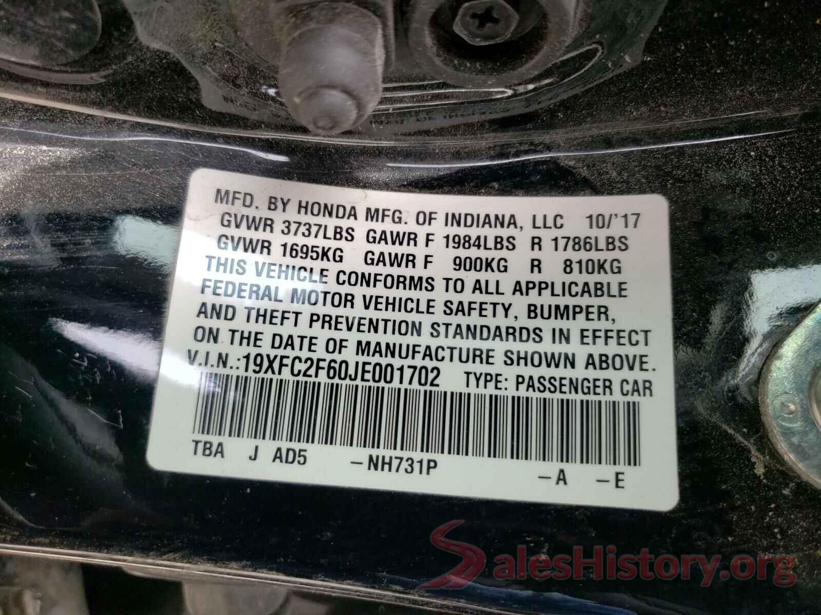 19XFC2F60JE001702 2018 HONDA CIVIC