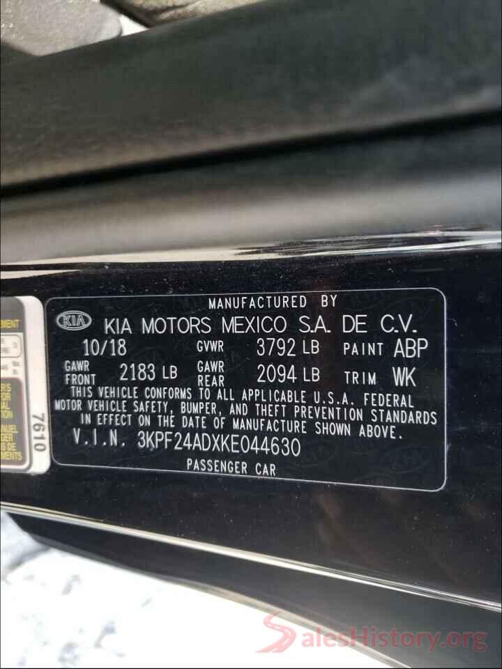 3KPF24ADXKE044630 2019 KIA FORTE