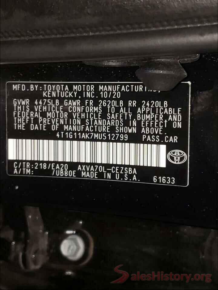 4T1G11AK7MU512799 2021 TOYOTA CAMRY