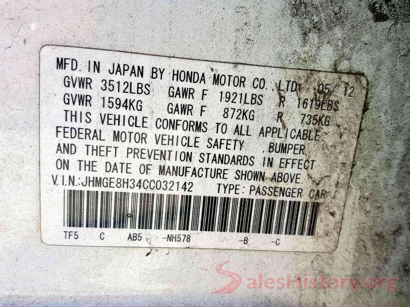 JHMGE8H34CC032142 2012 HONDA FIT