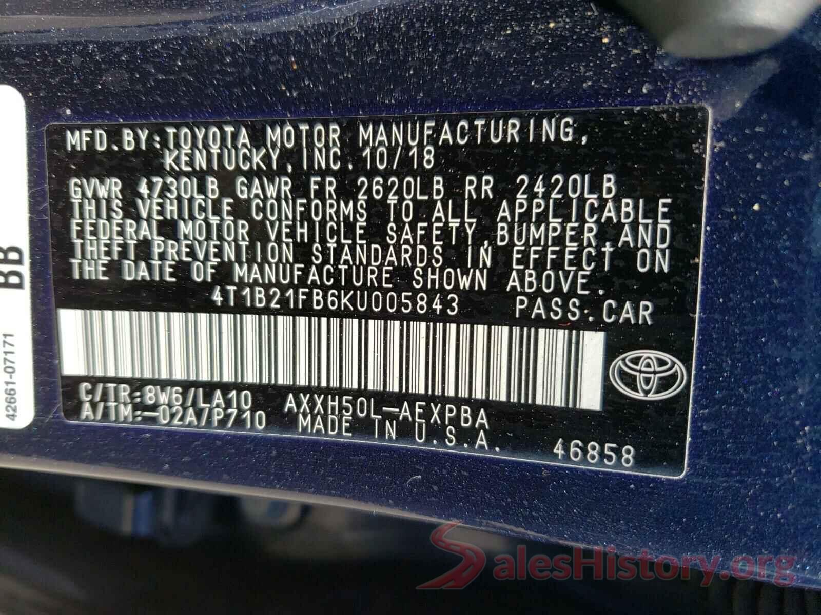 4T1B21FB6KU005843 2019 TOYOTA AVALON