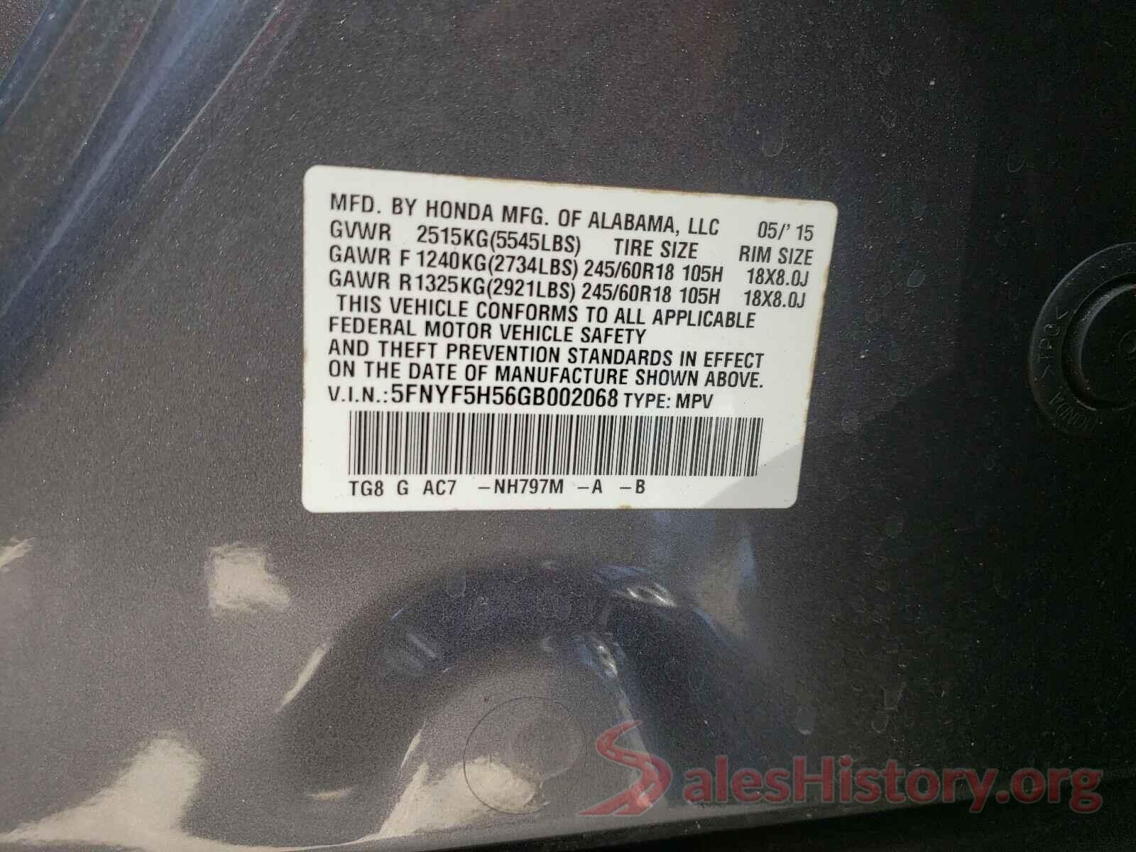 5FNYF5H56GB002068 2016 HONDA PILOT