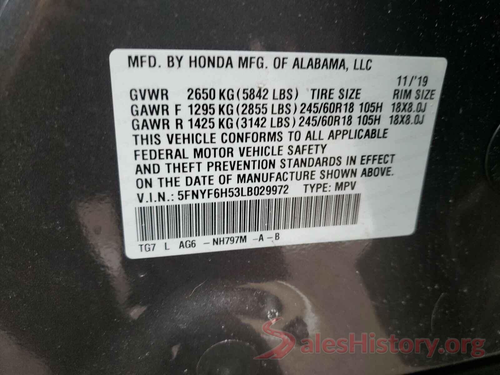 5FNYF6H53LB029972 2020 HONDA PILOT