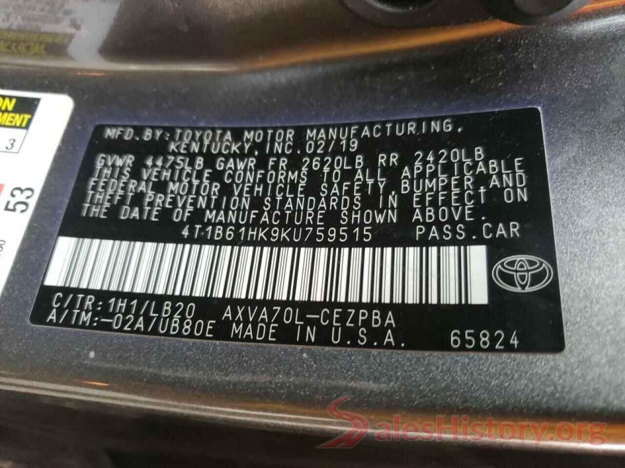 4T1B61HK9KU759515 2019 TOYOTA CAMRY