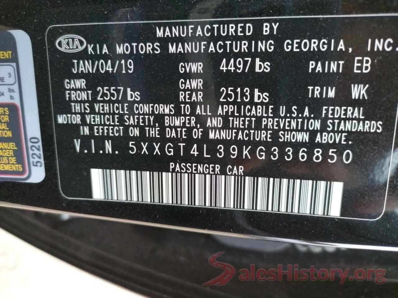 5XXGT4L39KG336850 2019 KIA OPTIMA