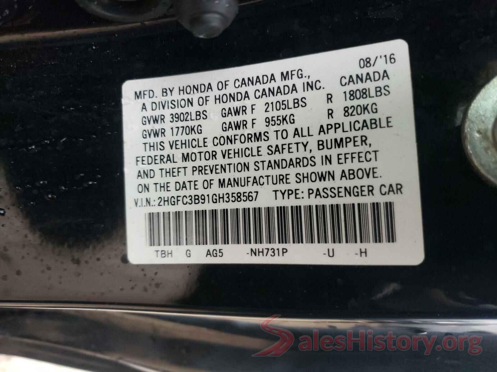 2HGFC3B91GH358567 2016 HONDA CIVIC