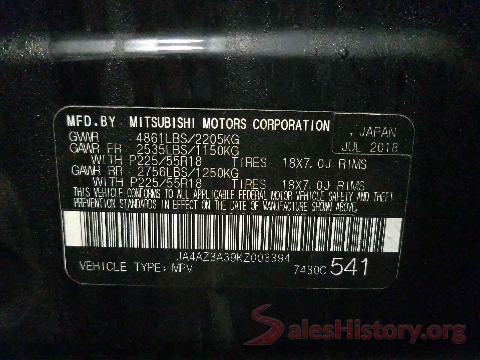 JA4AZ3A39KZ003394 2019 MITSUBISHI OUTLANDER