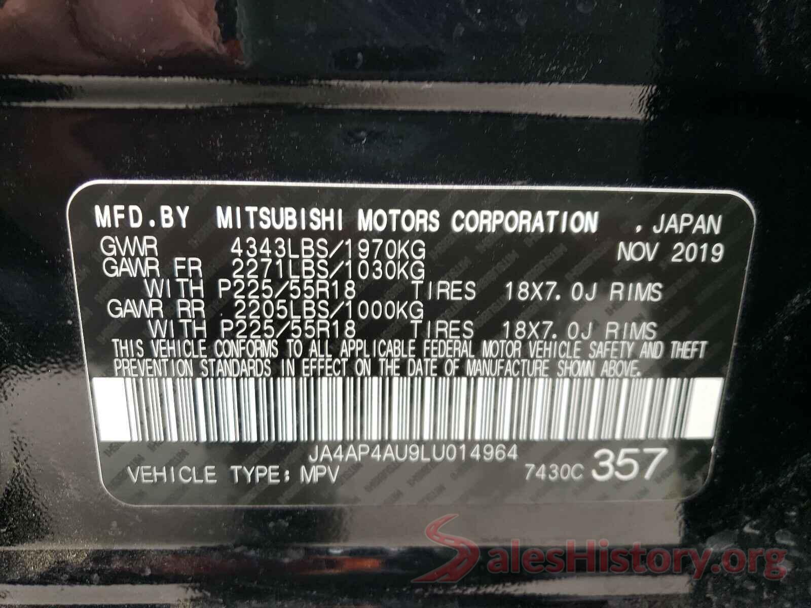 JA4AP4AU9LU014964 2020 MITSUBISHI OUTLANDER