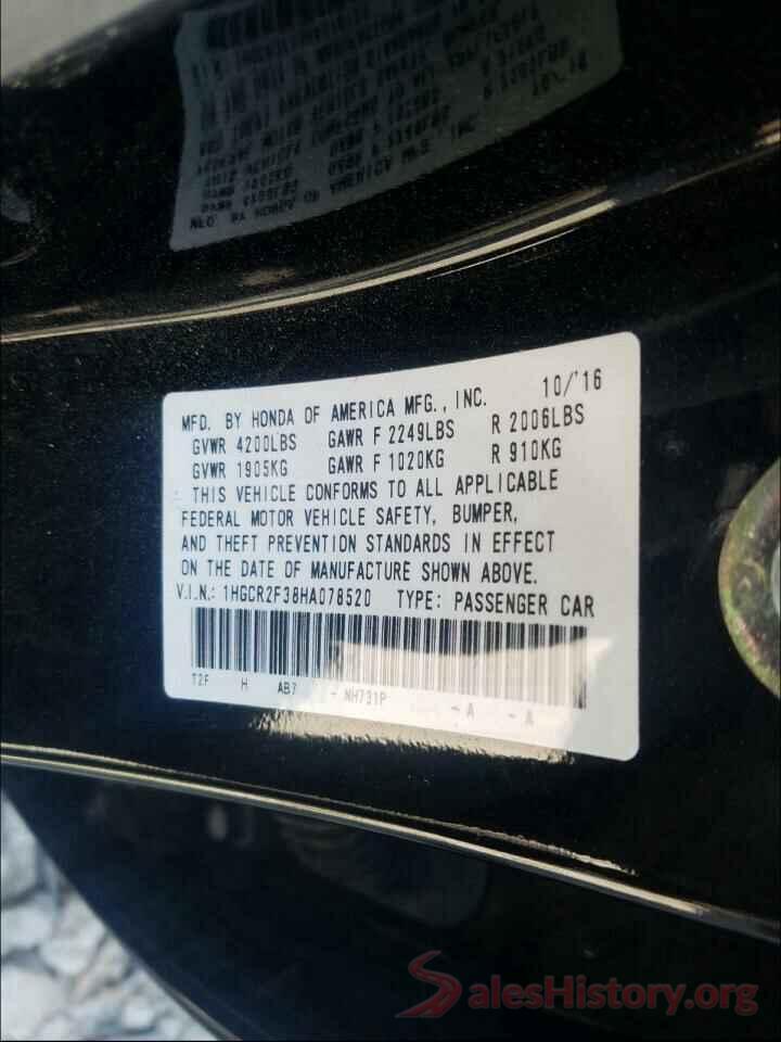 1HGCR2F38HA078520 2017 HONDA ACCORD