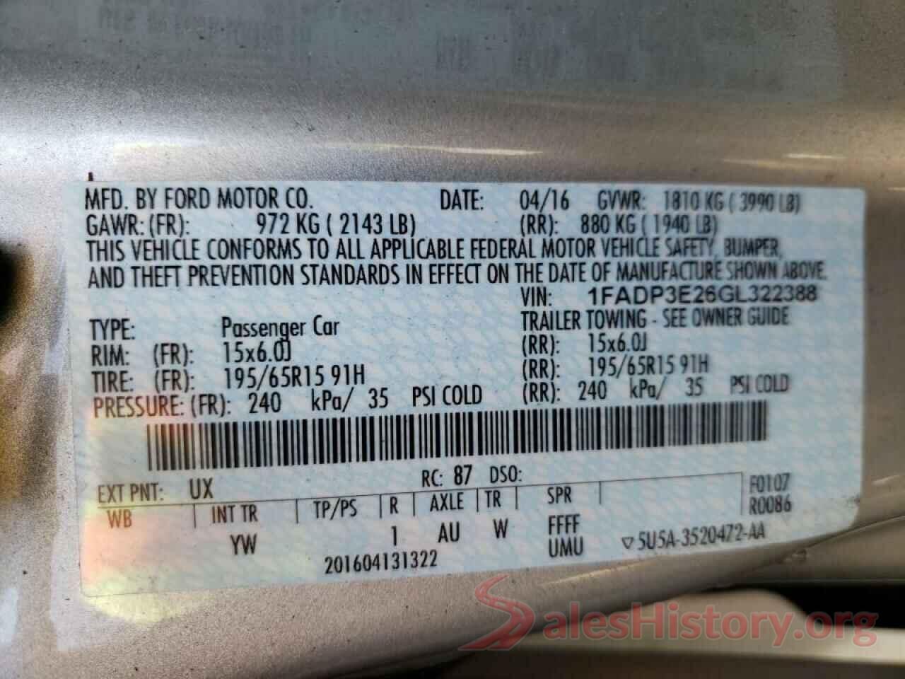 1FADP3E26GL322388 2016 FORD FOCUS