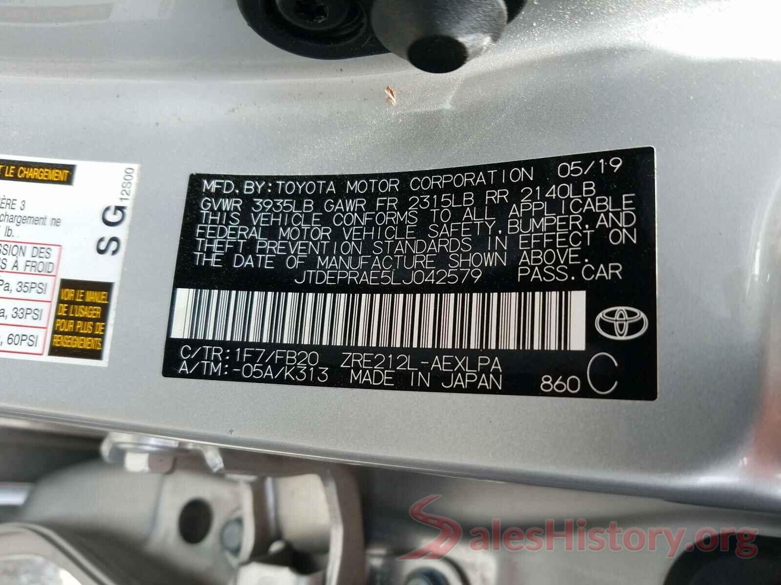 JTDEPRAE5LJ042579 2020 TOYOTA COROLLA