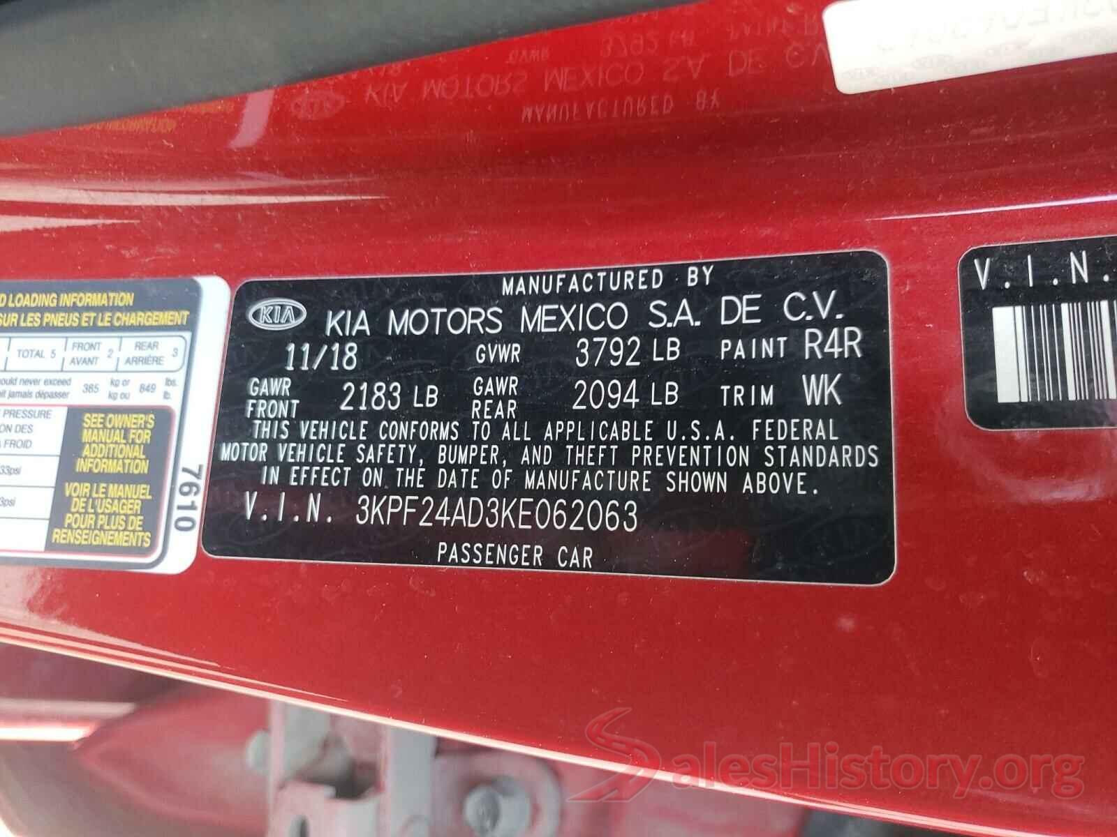 3KPF24AD3KE062063 2019 KIA FORTE