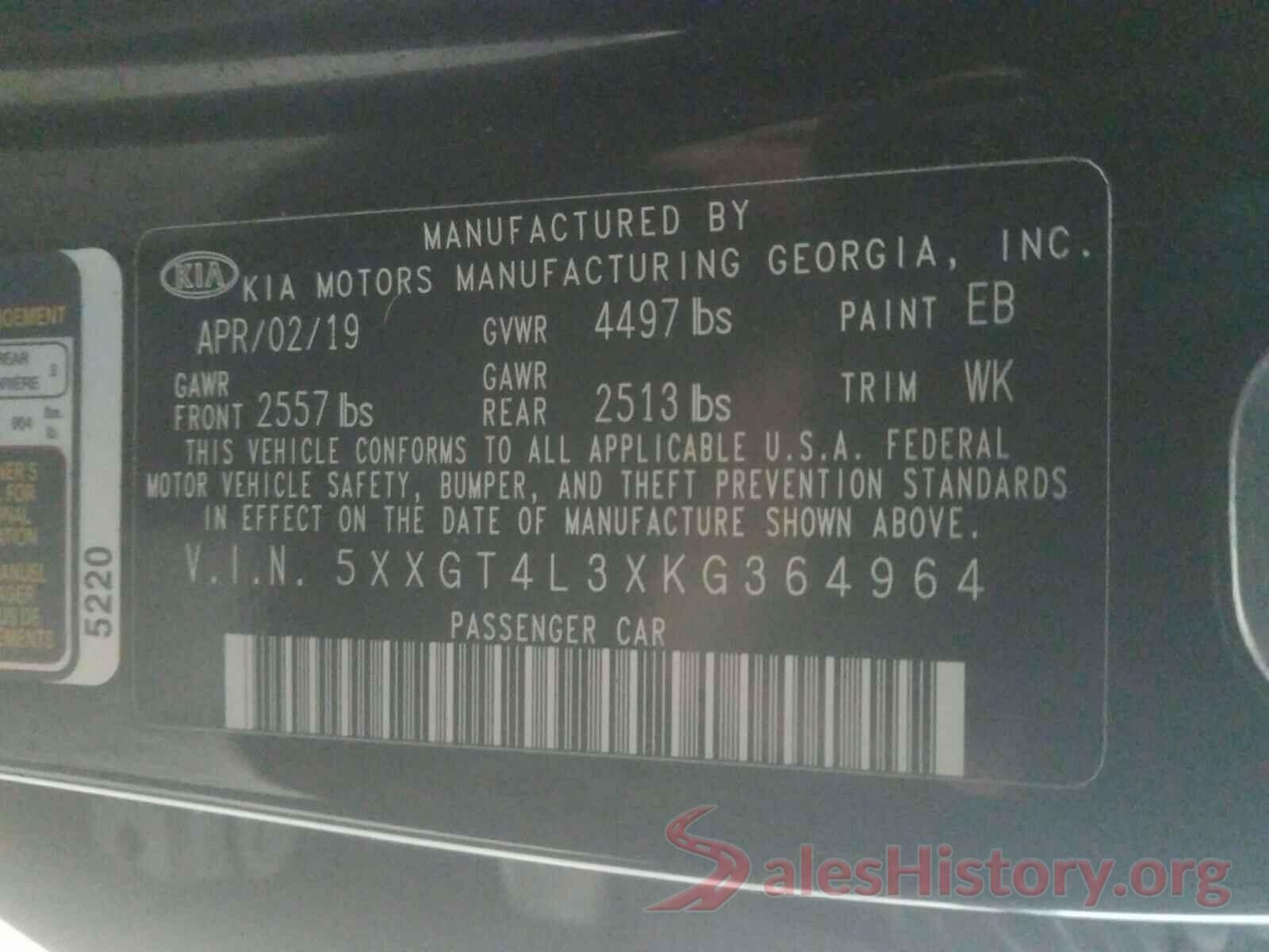 5XXGT4L3XKG364964 2019 KIA OPTIMA