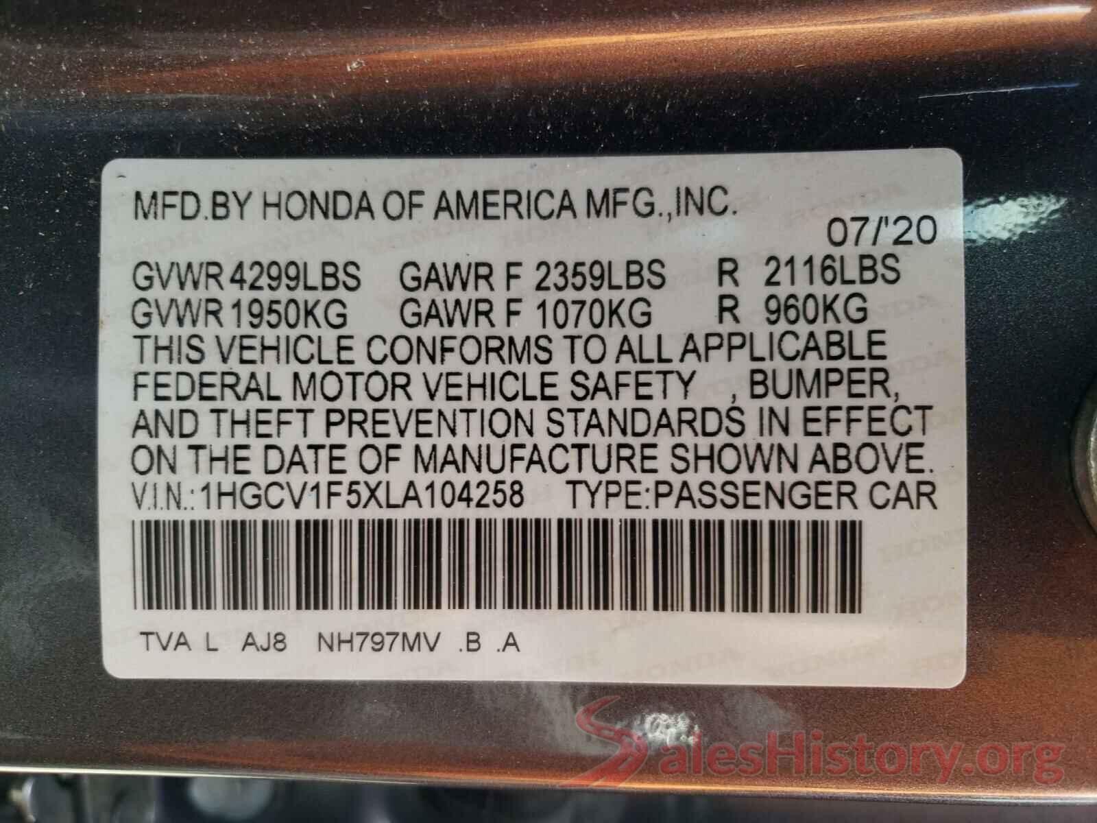 1HGCV1F5XLA104258 2020 HONDA ACCORD