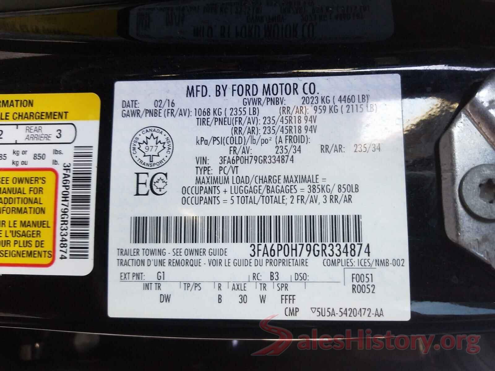 3FA6P0H79GR334874 2016 FORD FUSION