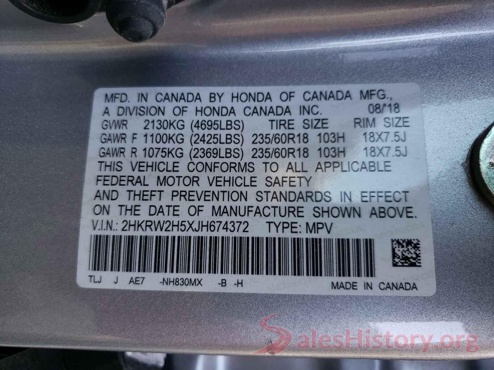 2HKRW2H5XJH674372 2018 HONDA CRV