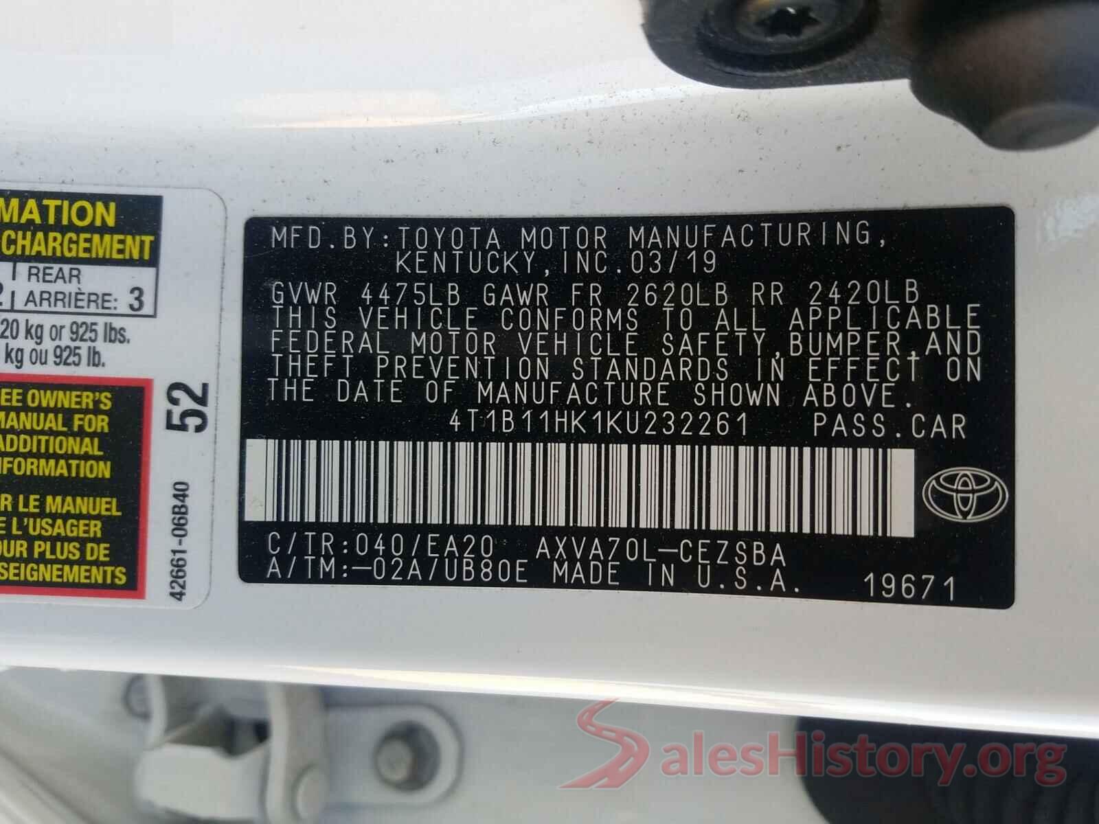 4T1B11HK1KU232261 2019 TOYOTA CAMRY