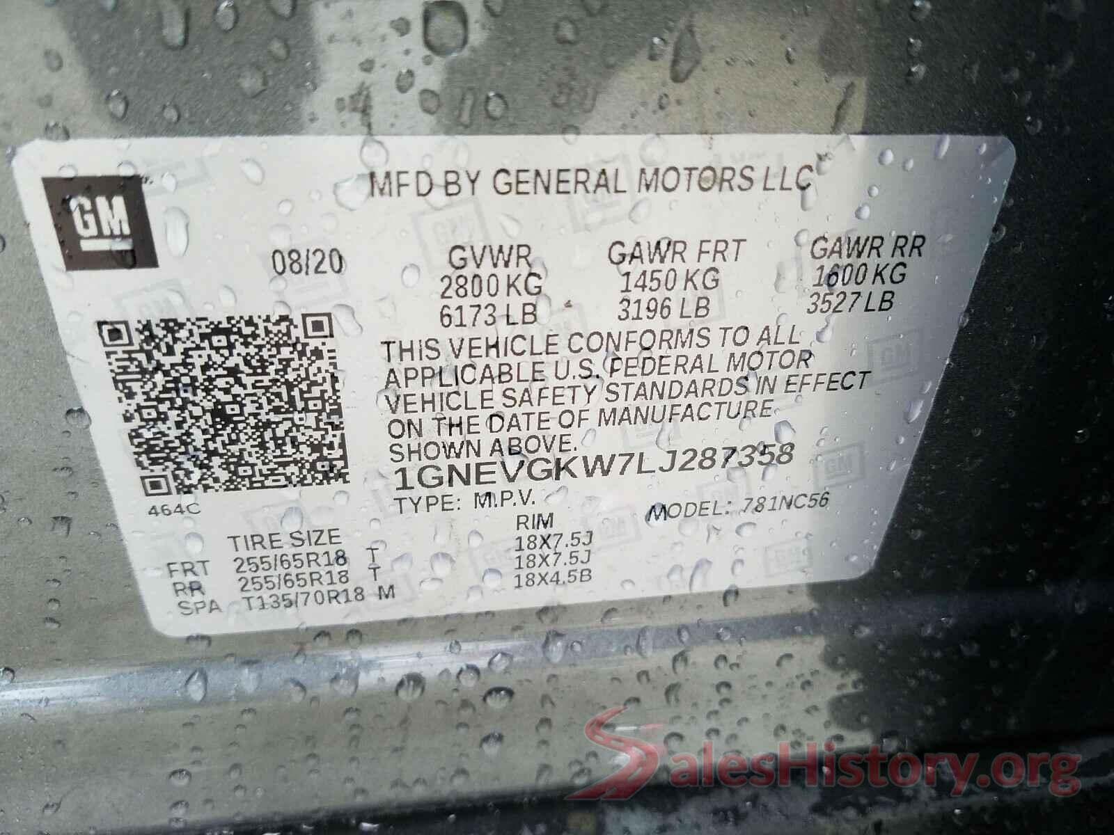 1GNEVGKW7LJ287358 2020 CHEVROLET TRAVERSE