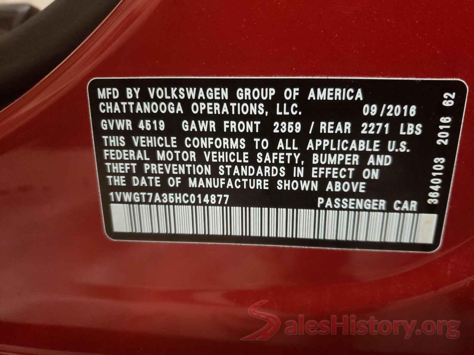 1VWGT7A35HC014877 2017 VOLKSWAGEN PASSAT