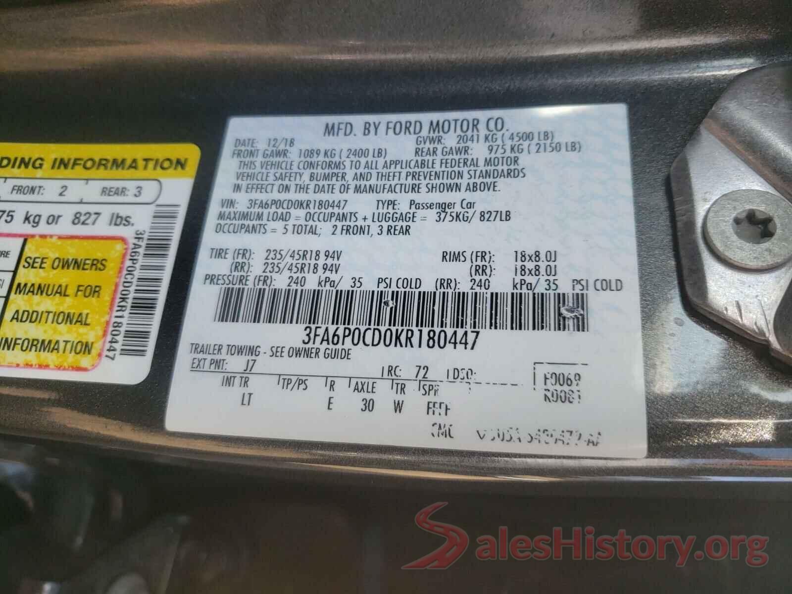 3FA6P0CD0KR180447 2019 FORD FUSION