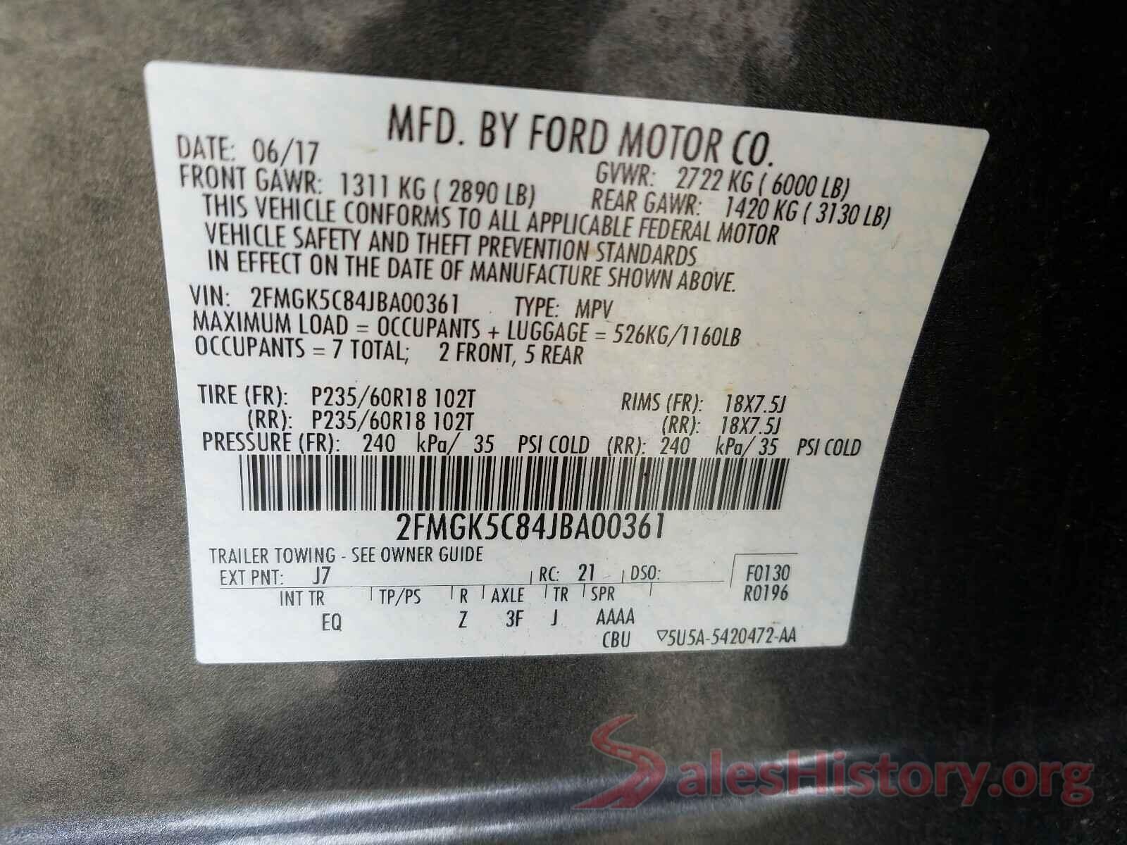 2FMGK5C84JBA00361 2018 FORD FLEX