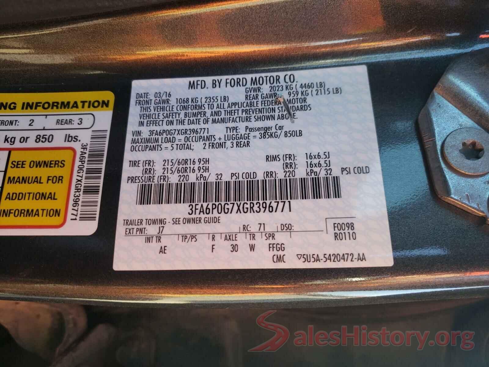 3FA6P0G7XGR396771 2016 FORD FUSION