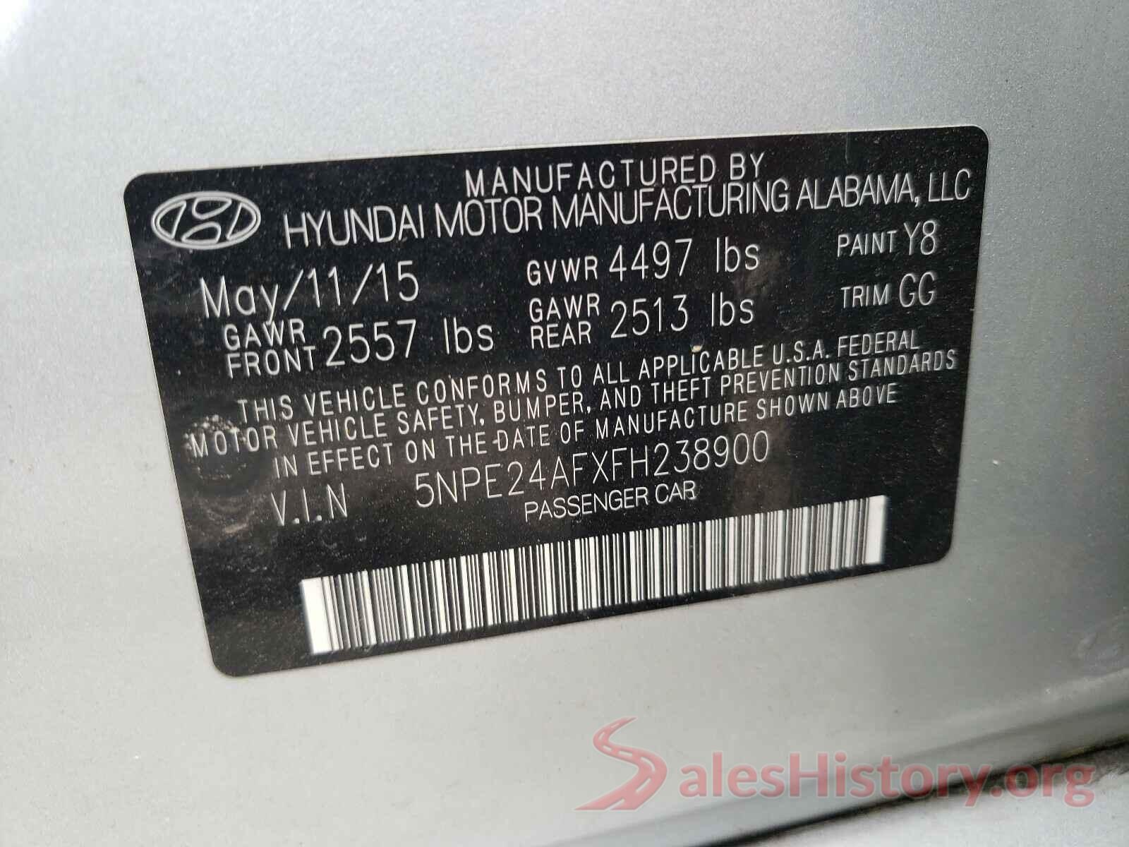 5NPE24AFXFH238900 2015 HYUNDAI SONATA