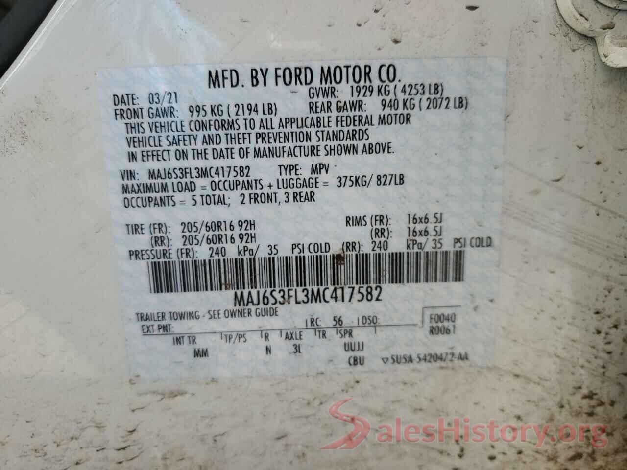 MAJ6S3FL3MC417582 2021 FORD ECOSPORT