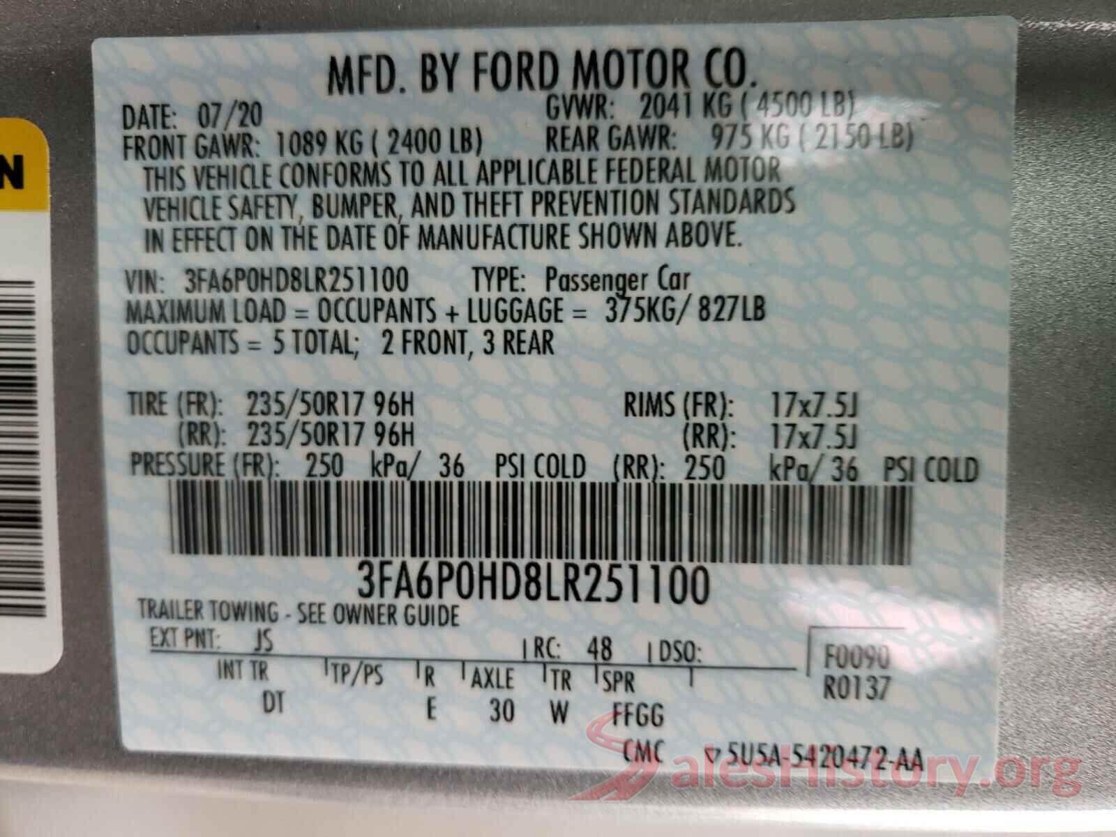 3FA6P0HD8LR251100 2020 FORD FUSION