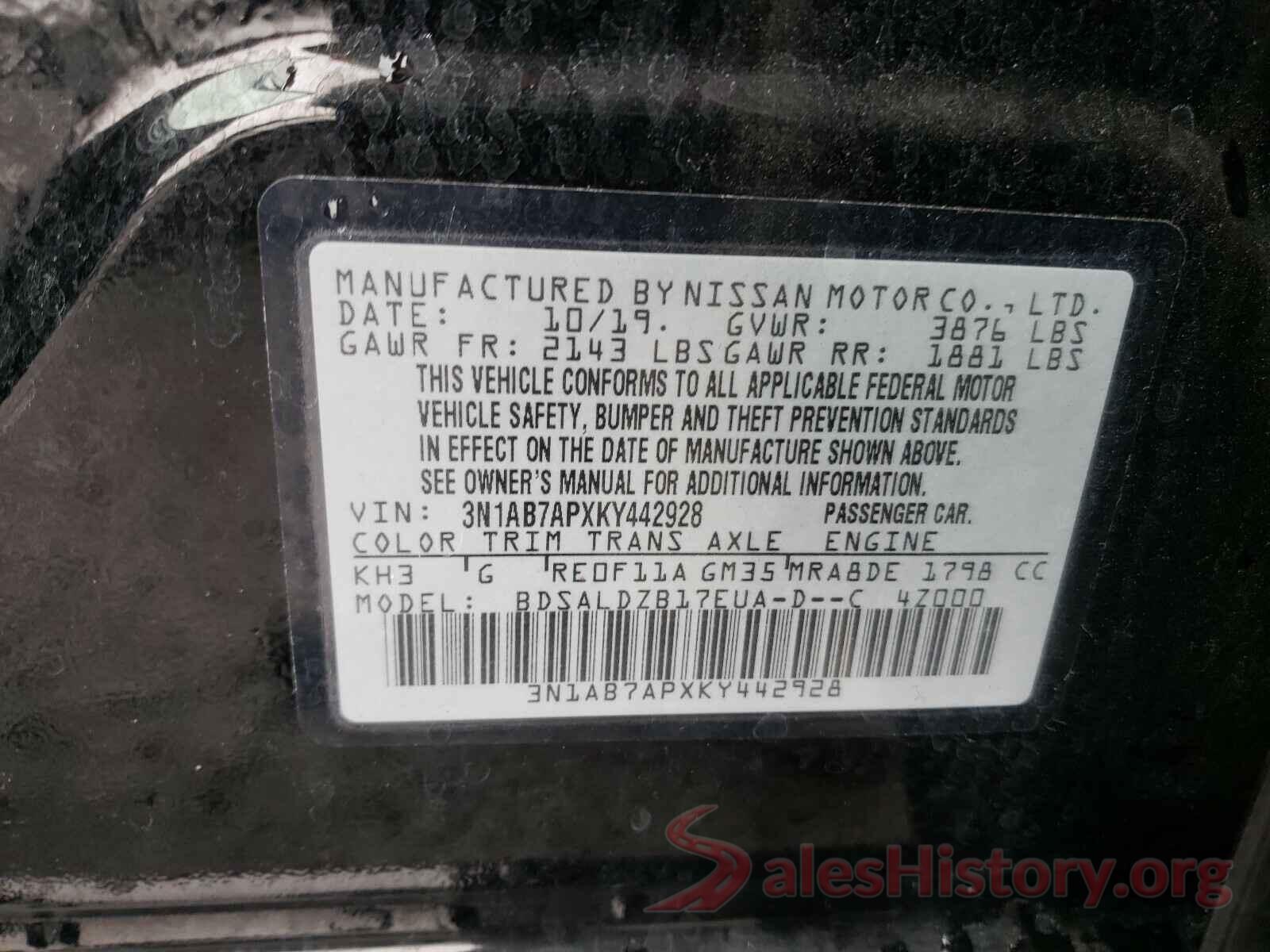 3N1AB7APXKY442928 2019 NISSAN SENTRA