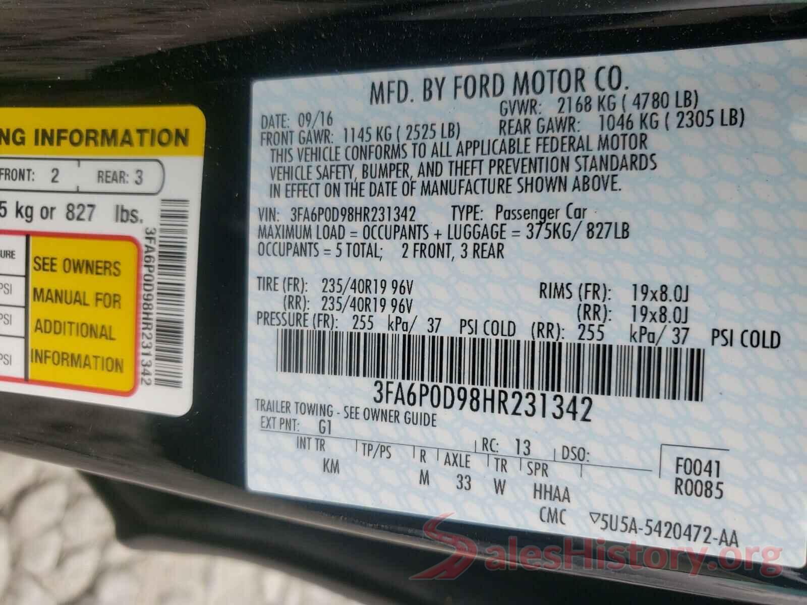 3FA6P0D98HR231342 2017 FORD FUSION