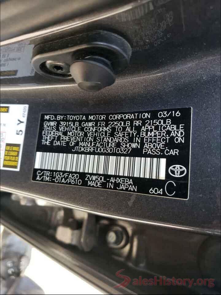 JTDKBRFU0G3010327 2016 TOYOTA PRIUS