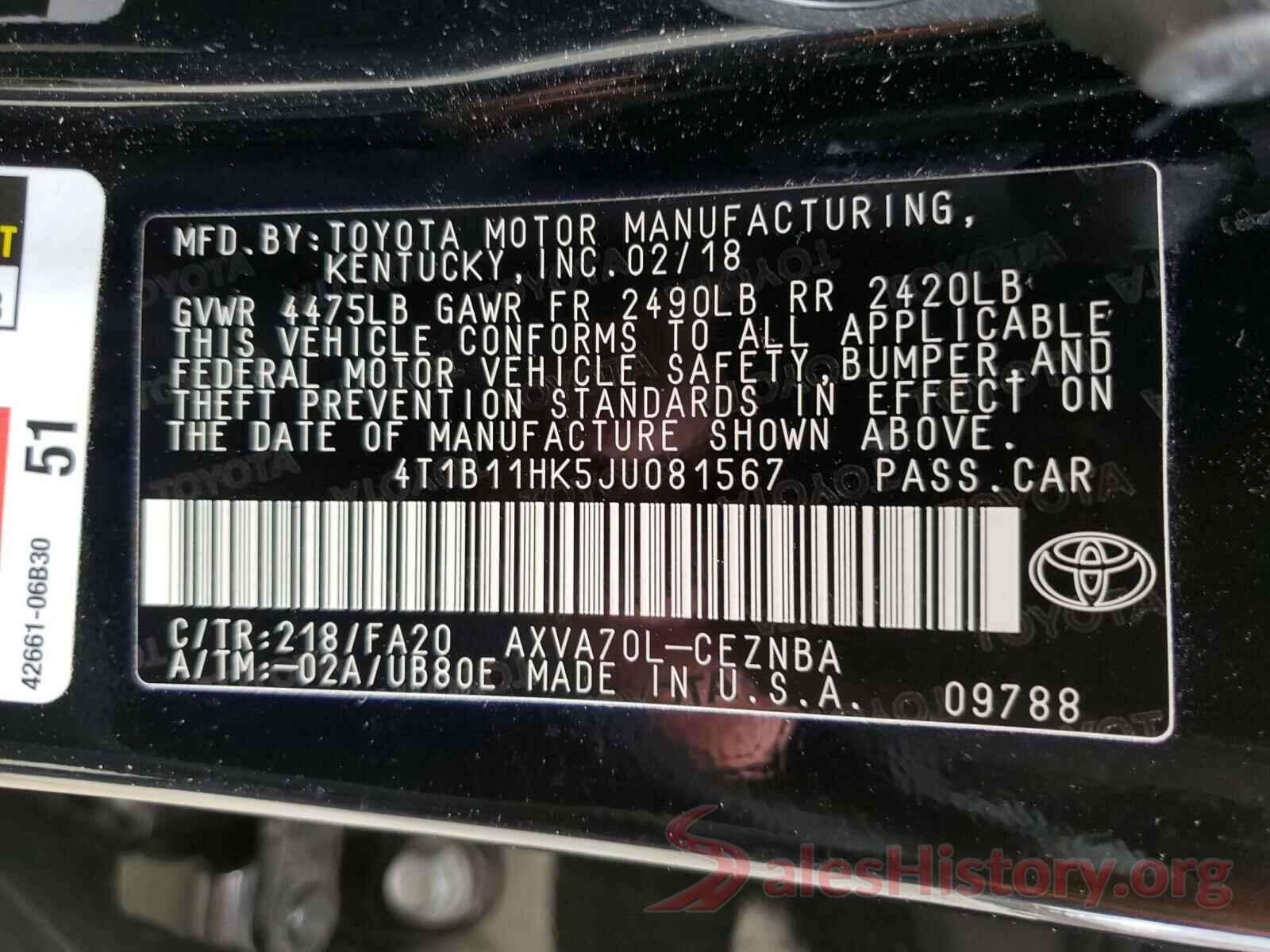 4T1B11HK5JU081567 2018 TOYOTA CAMRY