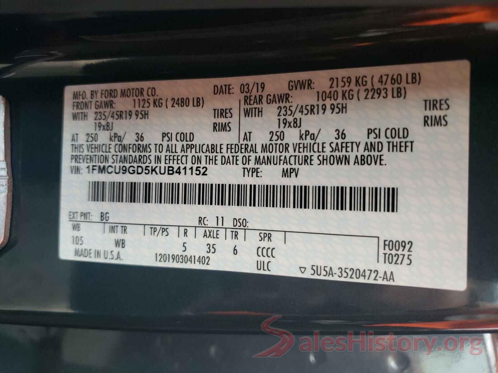 1FMCU9GD5KUB41152 2019 FORD ESCAPE