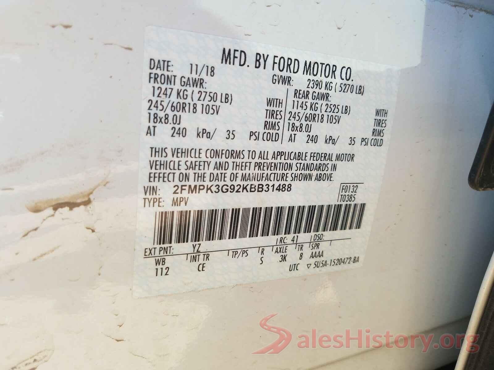 2FMPK3G92KBB31488 2019 FORD EDGE