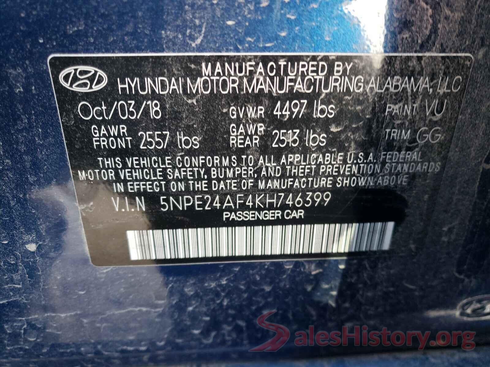 5NPE24AF4KH746399 2019 HYUNDAI SONATA