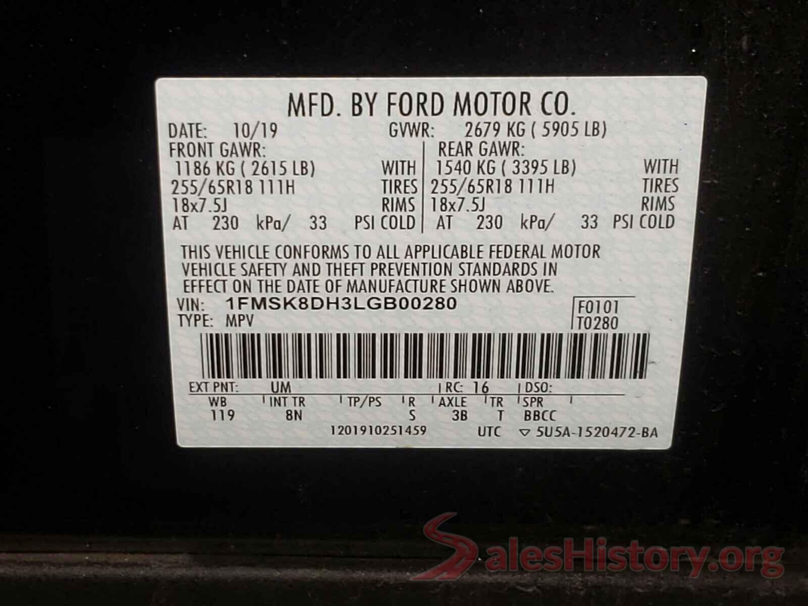 1FMSK8DH3LGB00280 2020 FORD EXPLORER