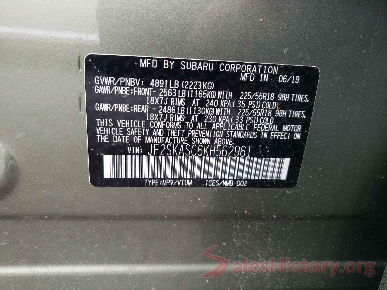 JF2SKASC6KH562961 2019 SUBARU FORESTER