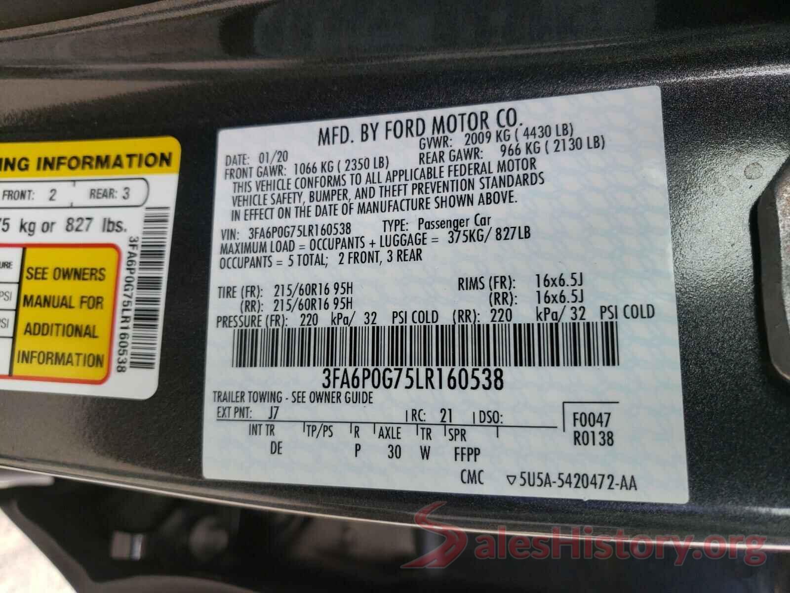 3FA6P0G75LR160538 2020 FORD FUSION