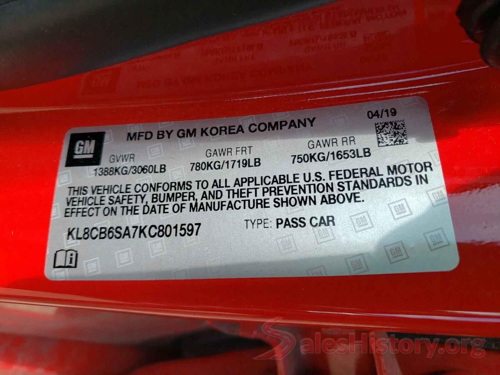 KL8CB6SA7KC801597 2019 CHEVROLET SPARK