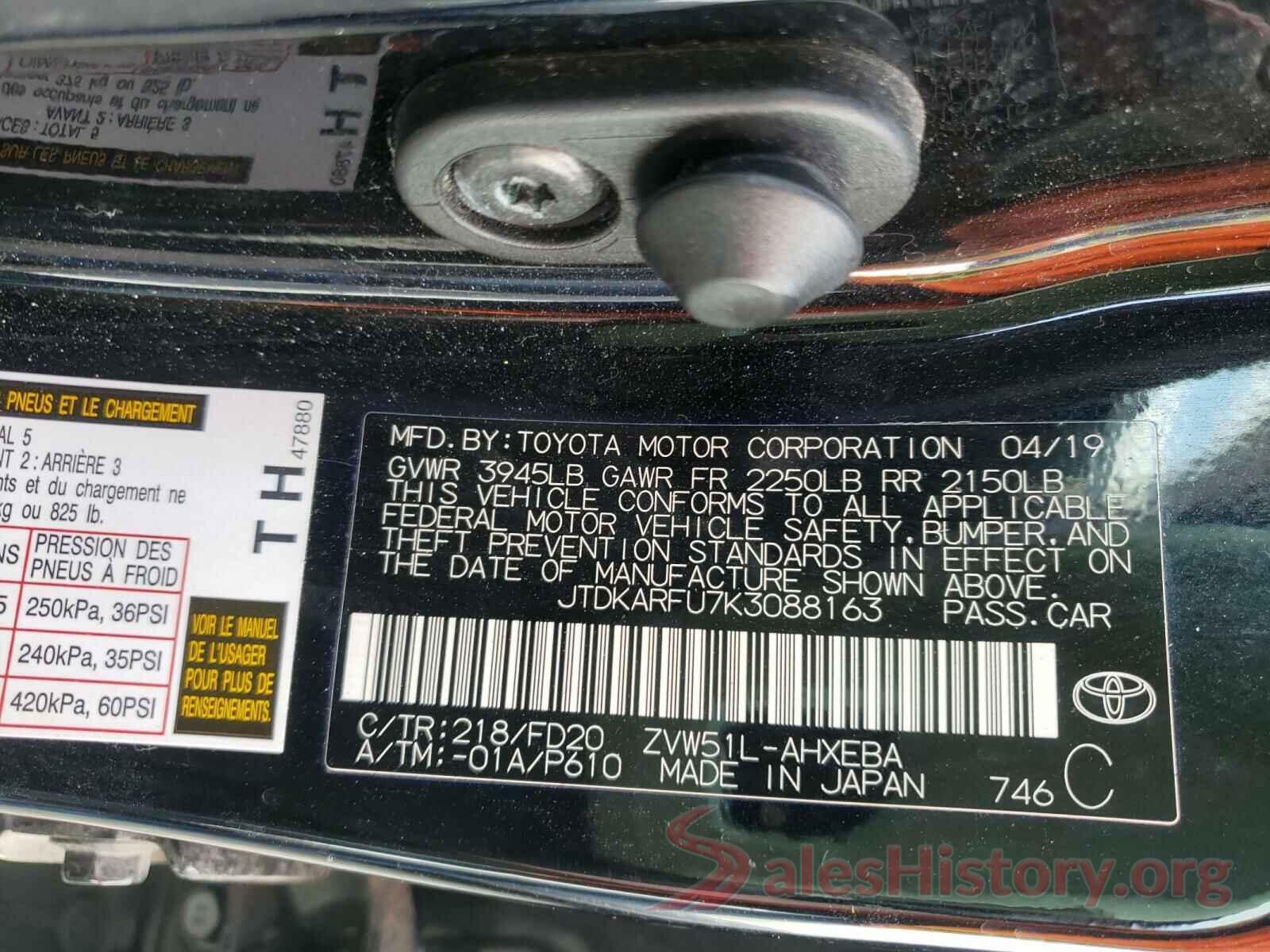 JTDKARFU7K3088163 2019 TOYOTA PRIUS