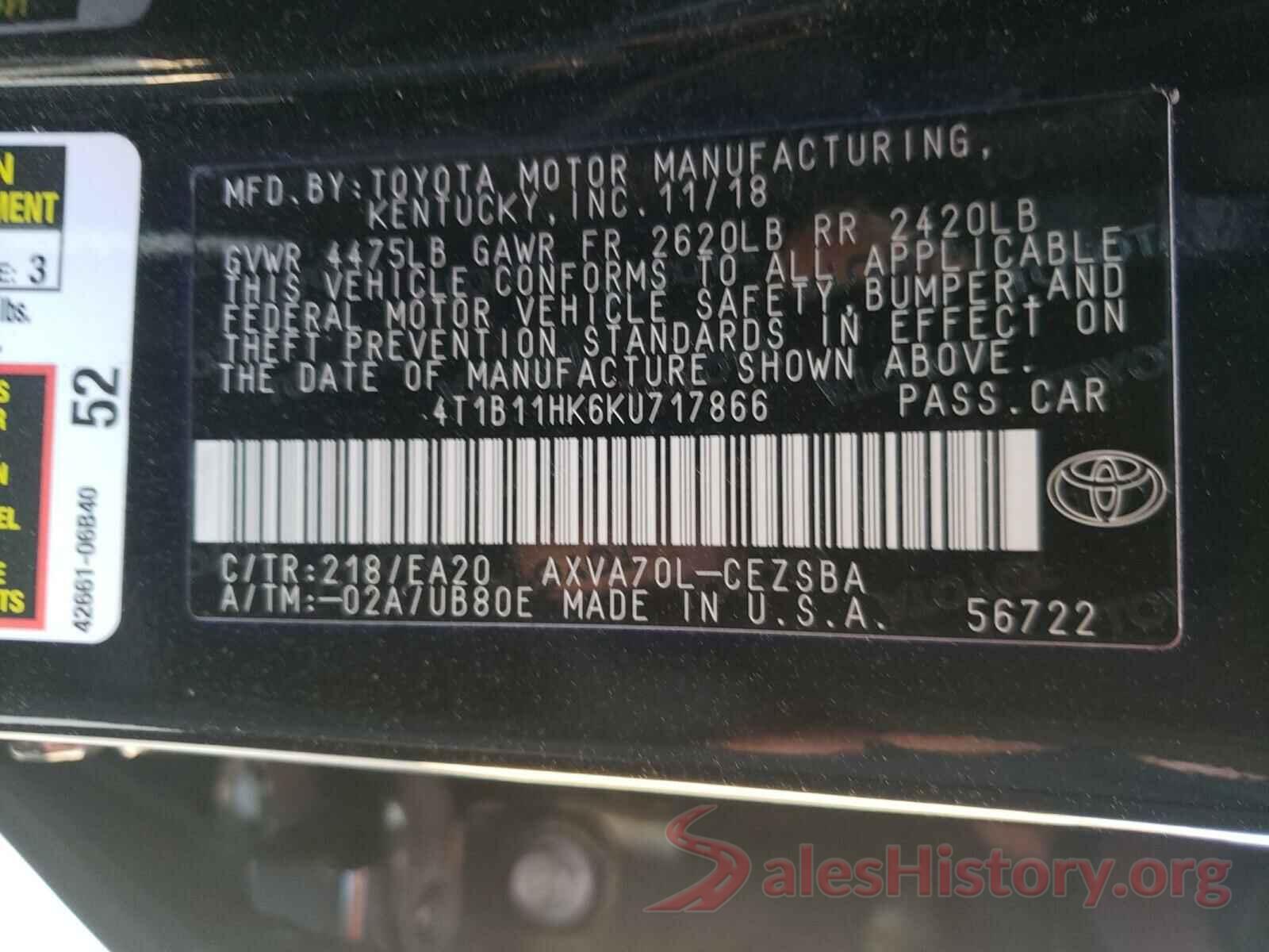 4T1B11HK6KU717866 2019 TOYOTA CAMRY