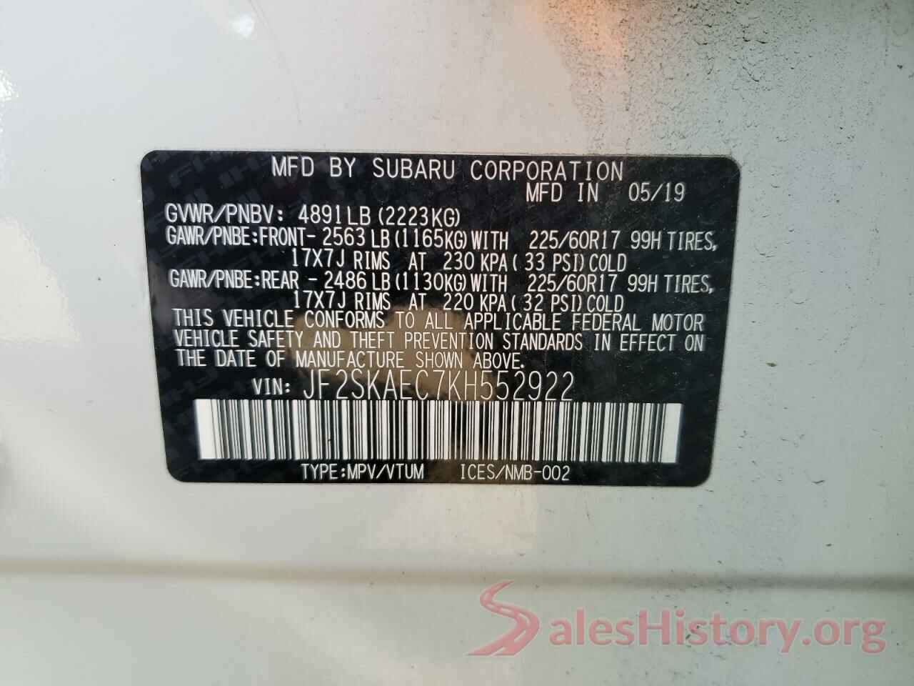 JF2SKAEC7KH552922 2019 SUBARU FORESTER