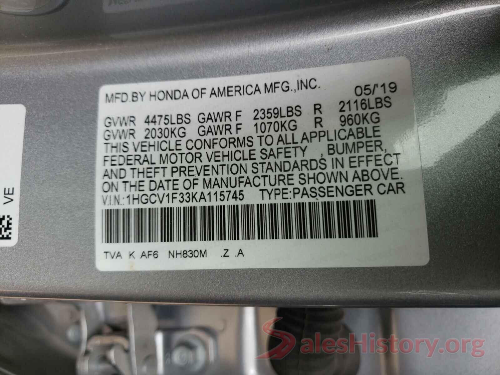 1HGCV1F33KA115745 2019 HONDA ACCORD