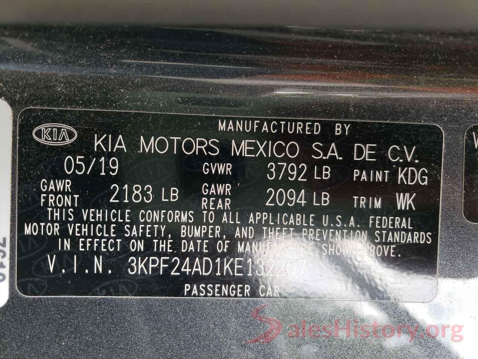 3KPF24AD1KE132207 2019 KIA FORTE