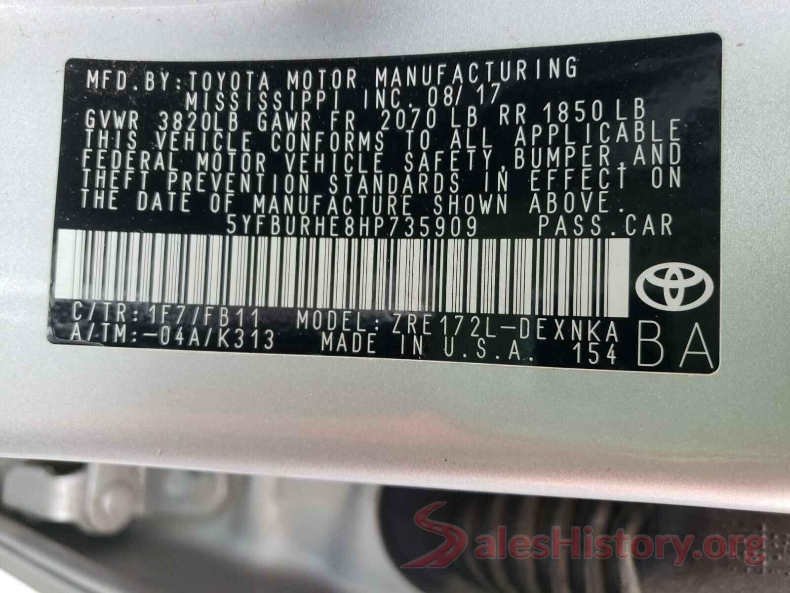 5YFBURHE8HP735909 2017 TOYOTA COROLLA