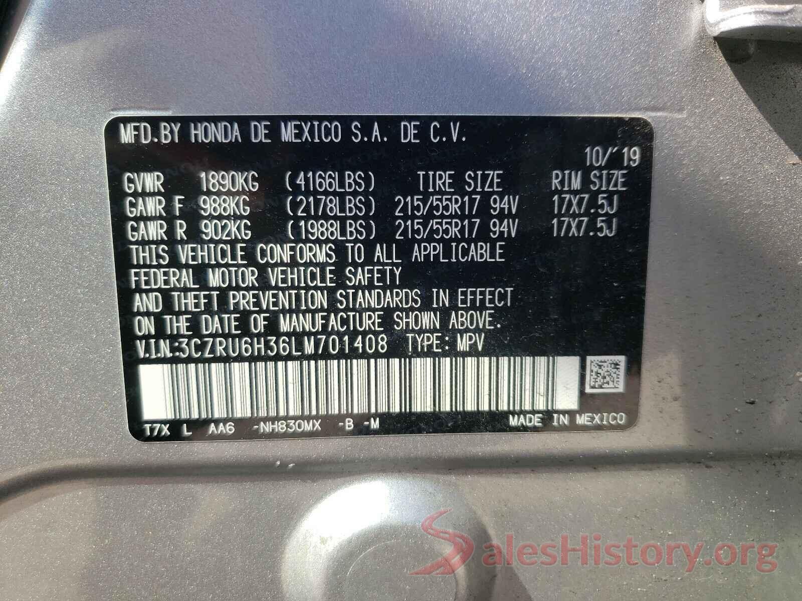 3CZRU6H36LM701408 2020 HONDA HR-V