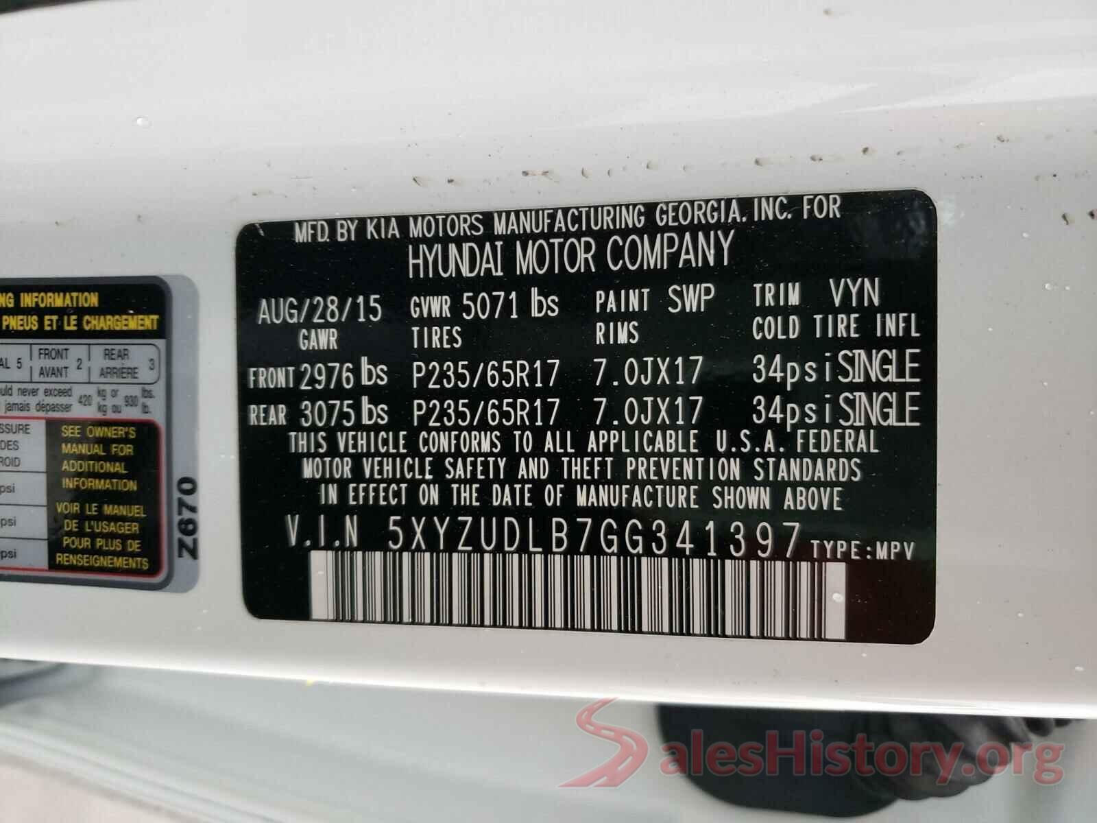 5XYZUDLB7GG341397 2016 HYUNDAI SANTA FE